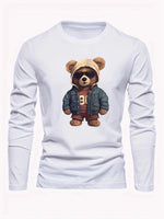 100 cotton men's casual long sleeved round neck loose bear pattern printed autumn and winter T-shirt top versatile - AMAZON FACTORY
