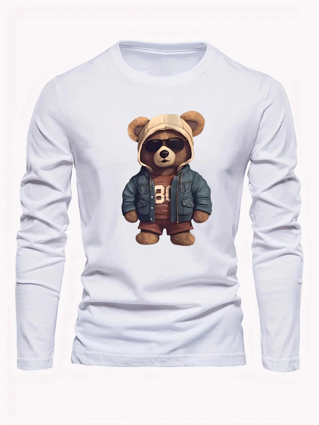 100 cotton men's casual long sleeved round neck loose bear pattern printed autumn and winter T-shirt top versatile - AMAZON FACTORY