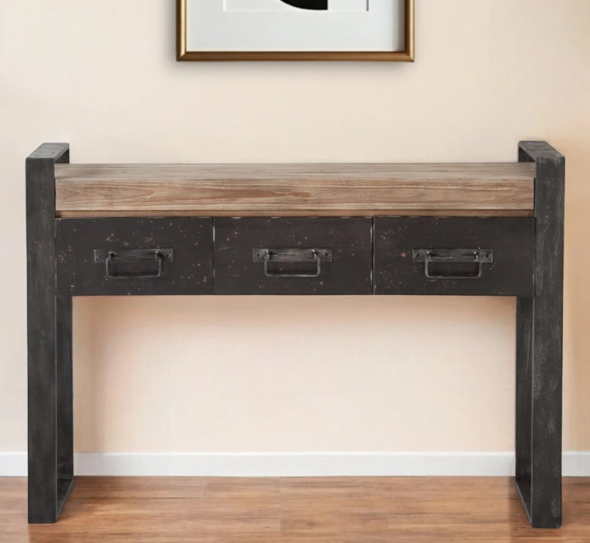 12" Brown and Black Solid Wood Sled Console Table And Drawers-AMAZON FACTORY