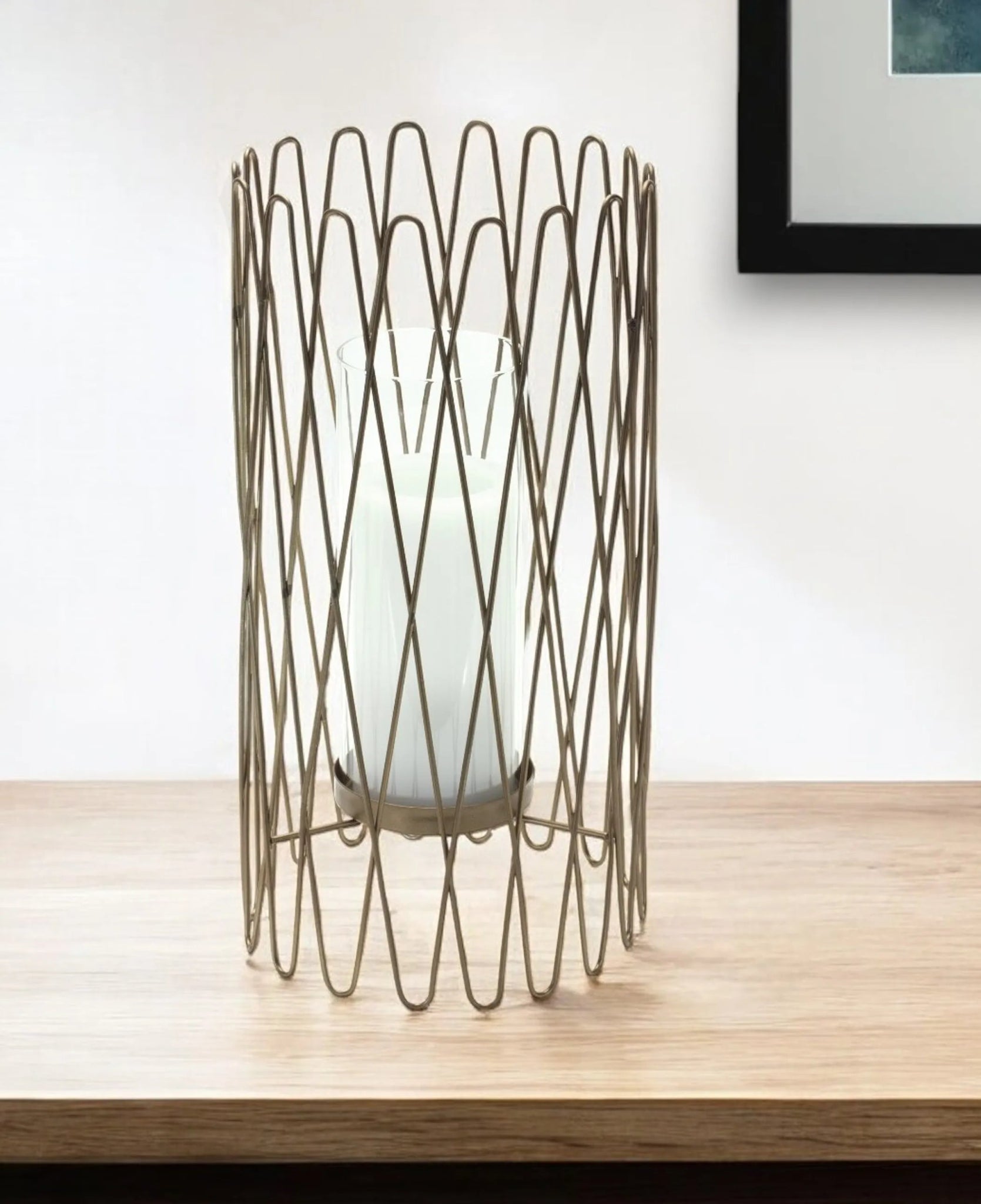 14" Gold Iron and Glass Tabletop Hurricane Candle Holder - AMAZON FACTORY