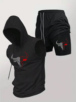 Men's 2 Piece Black Sleeveless Hooded Vest & Shorts Set, Bull Print Gym Tracksuit, Breathable Spring Summer Workout Fitness Wear