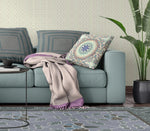 16" X 16" Beige And Blue Geometric Blown Seam Suede Throw Pillow - AMAZON FACTORY