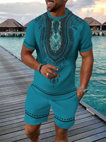 2026 Retro Men's T-shirt And Shorts Set 3D Ethnic Pattern Casual Round Neck Short Sleeve Drawstring Shorts Beach Sports Set-AMAZON FACTORY