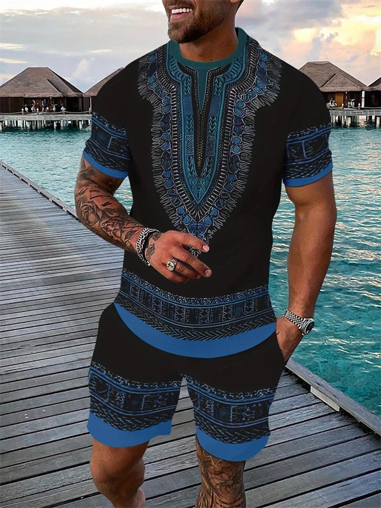 2026 Retro Men's T-shirt And Shorts Set 3D Ethnic Pattern Casual Round Neck Short Sleeve Drawstring Shorts Beach Sports Set-AMAZON FACTORY
