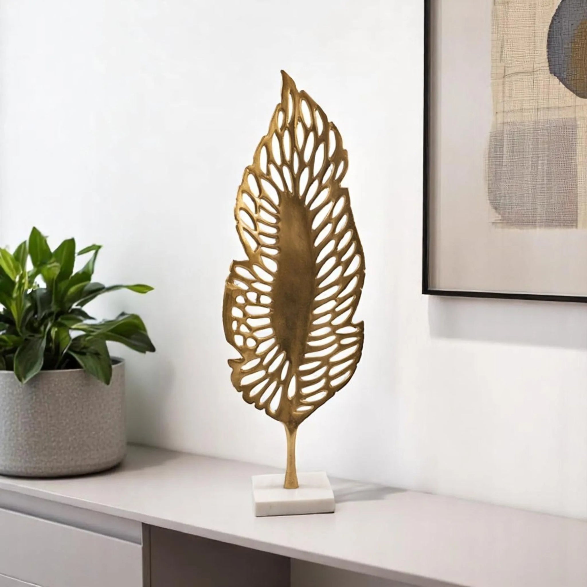 28" Gold And White Aluminum And Marble Leaf Tabletop Sculpture-AMAZON FACTORY