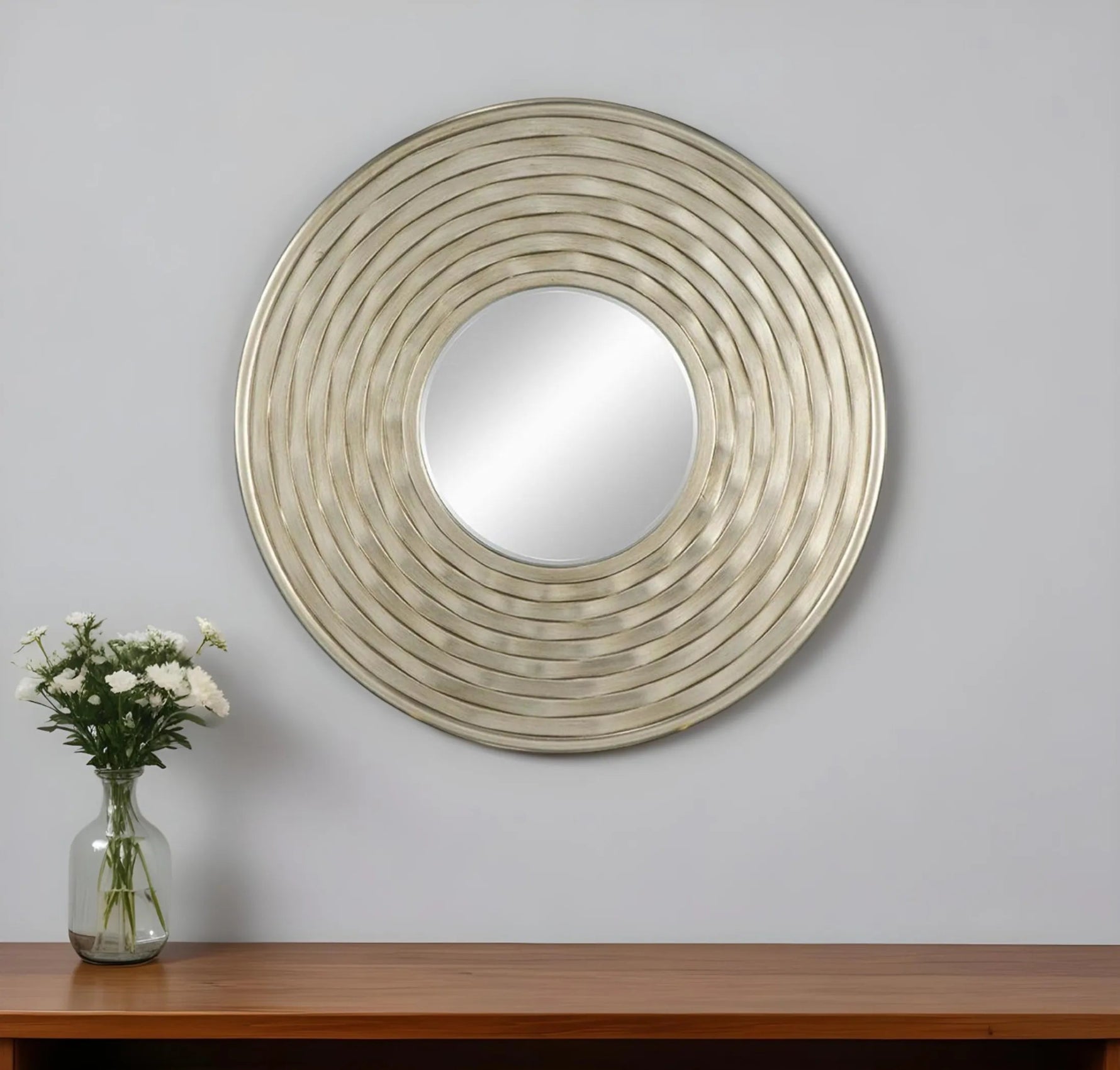 31" Silver Round Dimensional Thick Frame Accent Mirror - AMAZON FACTORY