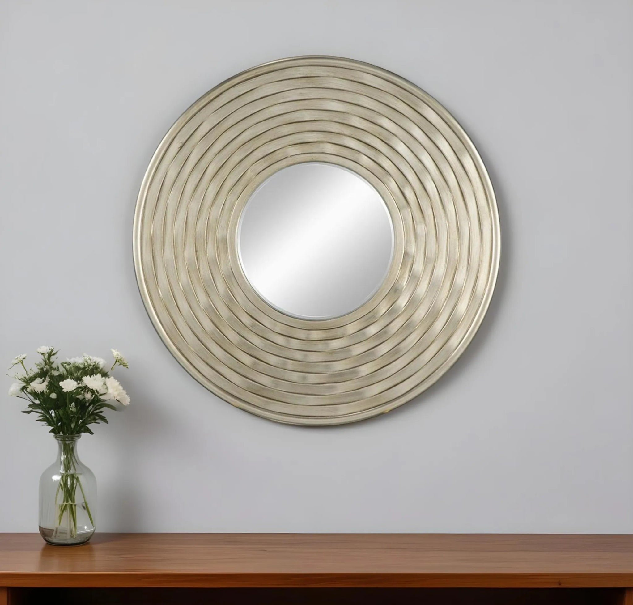 31" Silver Round Dimensional Thick Frame Accent Mirror - AMAZON FACTORY