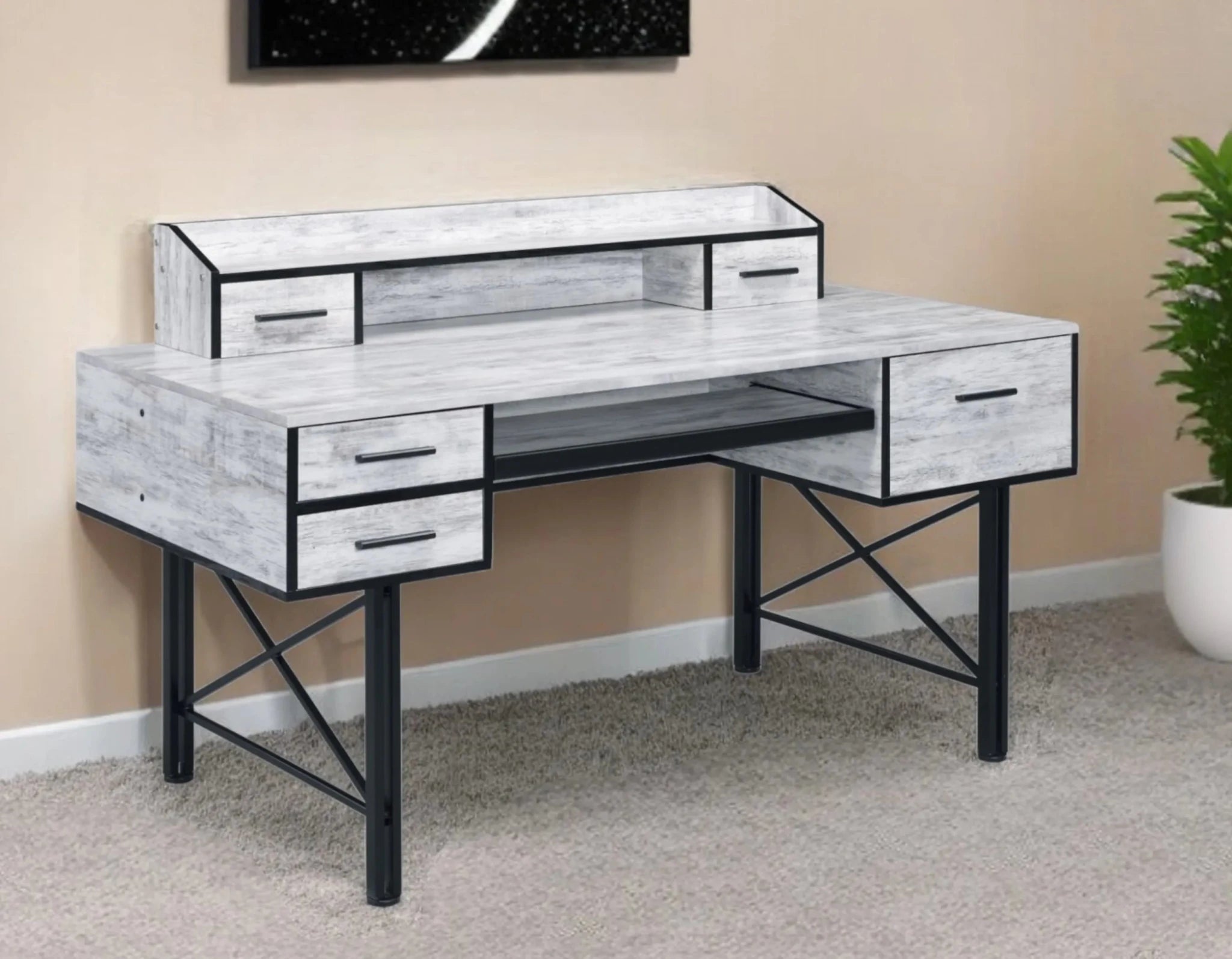 59" Antiqued White and Black Computer Desk With Five Drawers-AMAZON FACTORY