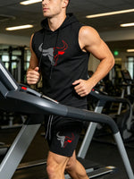 Men's 2 Piece Black Sleeveless Hooded Vest & Shorts Set, Bull Print Gym Tracksuit, Breathable Spring Summer Workout Fitness Wear