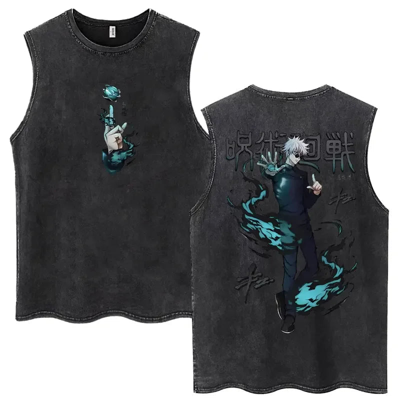 Anime Jujutsu Kaisen Satoru Gojo Vintage Wash Tank Tops Men Women Classic Manga Cotton T Shirt Fashion Loose Sleeveless T-Shirt - AMAZON FACTORY