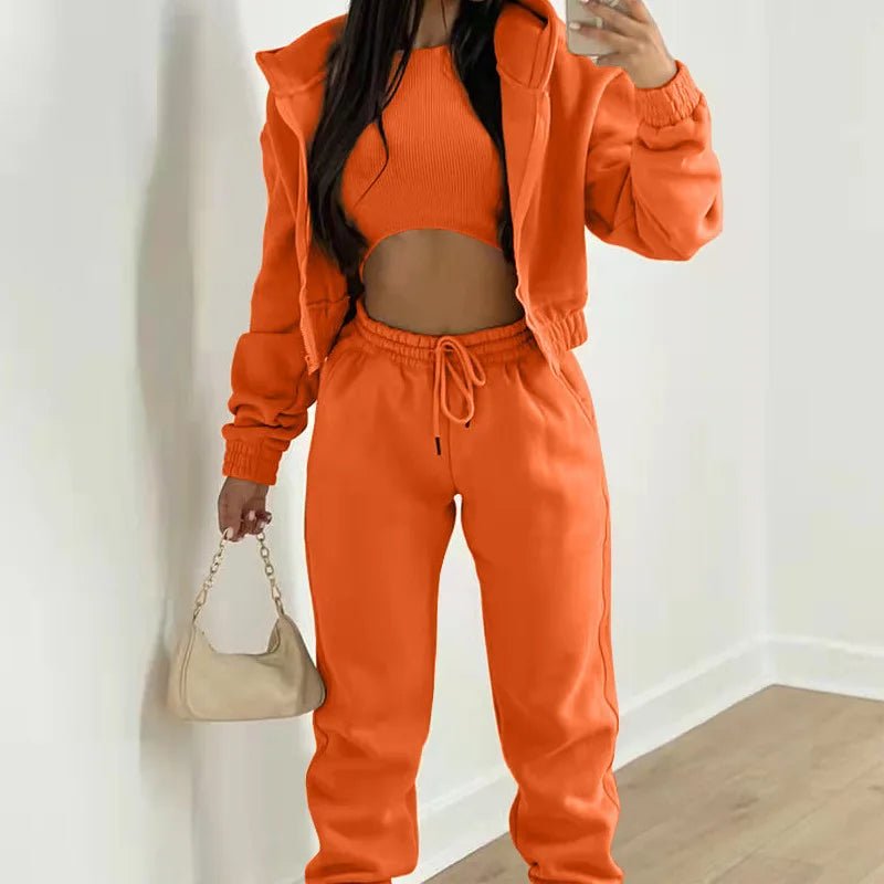 Autumn Winter Women's 3 Piece Sets Casual Long Sleeve Zip Hoodies Tank High Waist Sweatpants Jogger Pant Suits Sporty Outfit-AMAZON FACTORY
