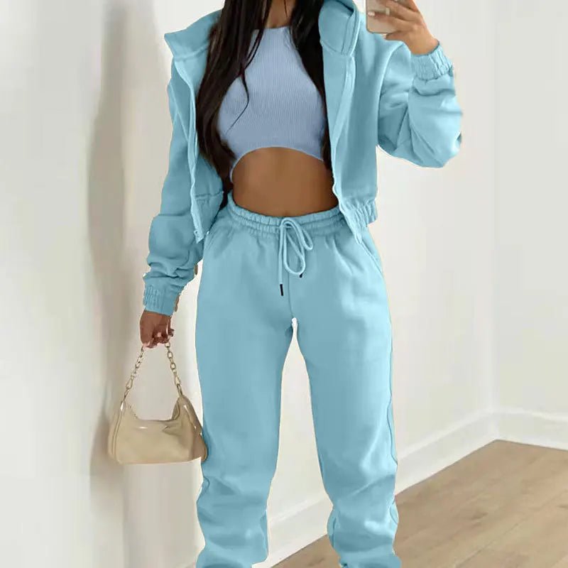 Autumn Winter Women's 3 Piece Sets Casual Long Sleeve Zip Hoodies Tank High Waist Sweatpants Jogger Pant Suits Sporty Outfit-AMAZON FACTORY