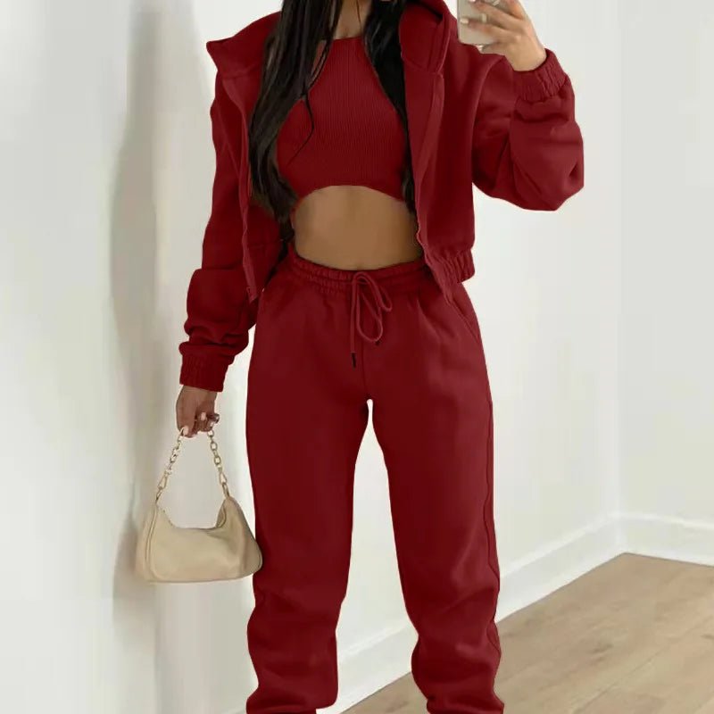 Autumn Winter Women's 3 Piece Sets Casual Long Sleeve Zip Hoodies Tank High Waist Sweatpants Jogger Pant Suits Sporty Outfit-AMAZON FACTORY
