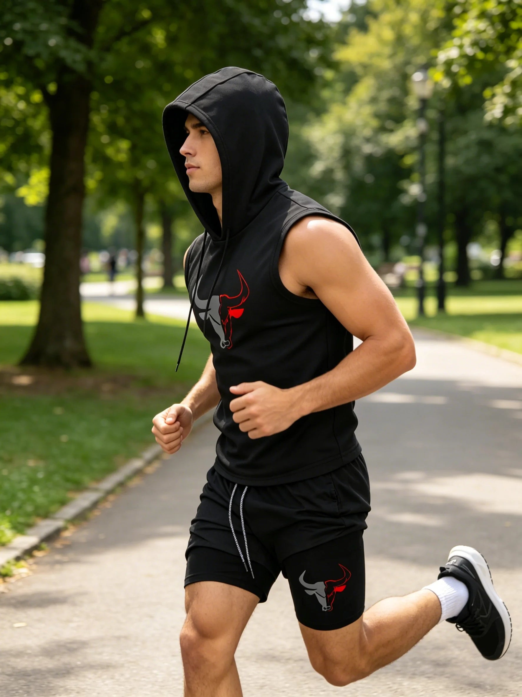 Men's 2 Piece Black Sleeveless Hooded Vest & Shorts Set, Bull Print Gym Tracksuit, Breathable Spring Summer Workout Fitness Wear - AMAZON FACTORY