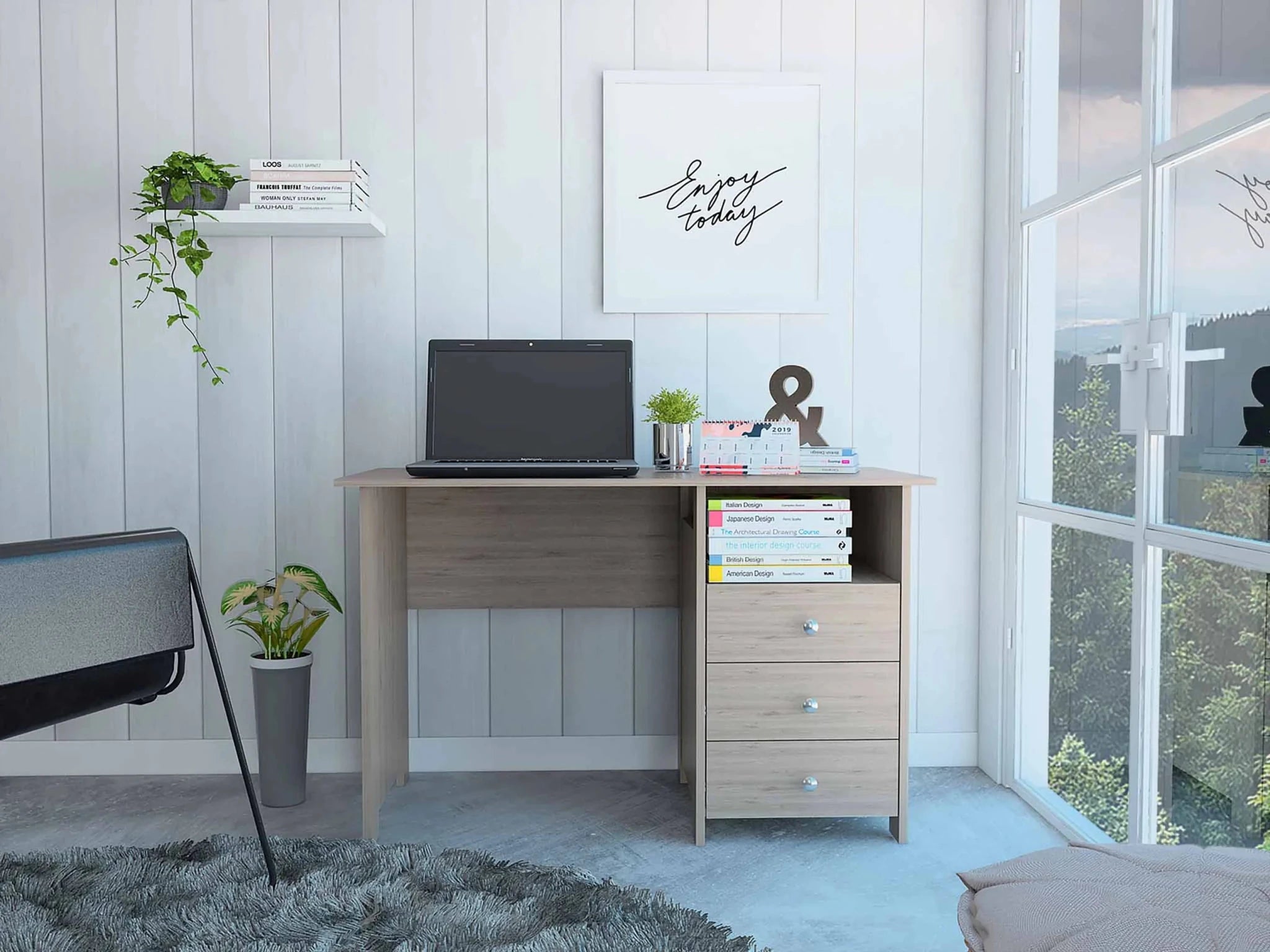 Bianco Writing Computer Desk, Three Drawers, One Shelf-AMAZON FACTORY