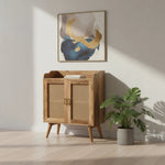 Distressed Solid Wood Inlaid Rattan Accent Cabinet With Two Doors-AMAZON FACTORY