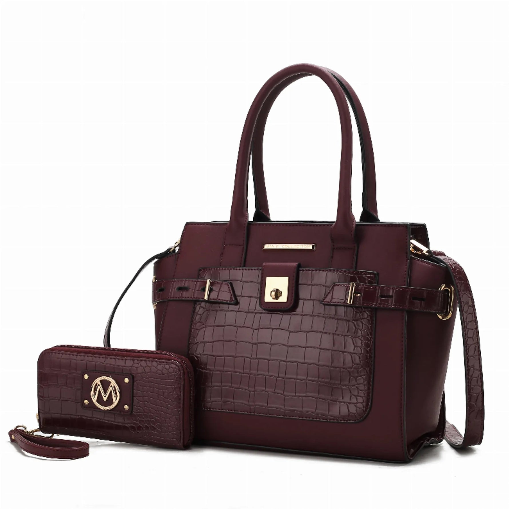 Isla Crocodile Embossed Vegan Leather Women's Satchel Bag - 2 pieces - AMAZON FACTORY