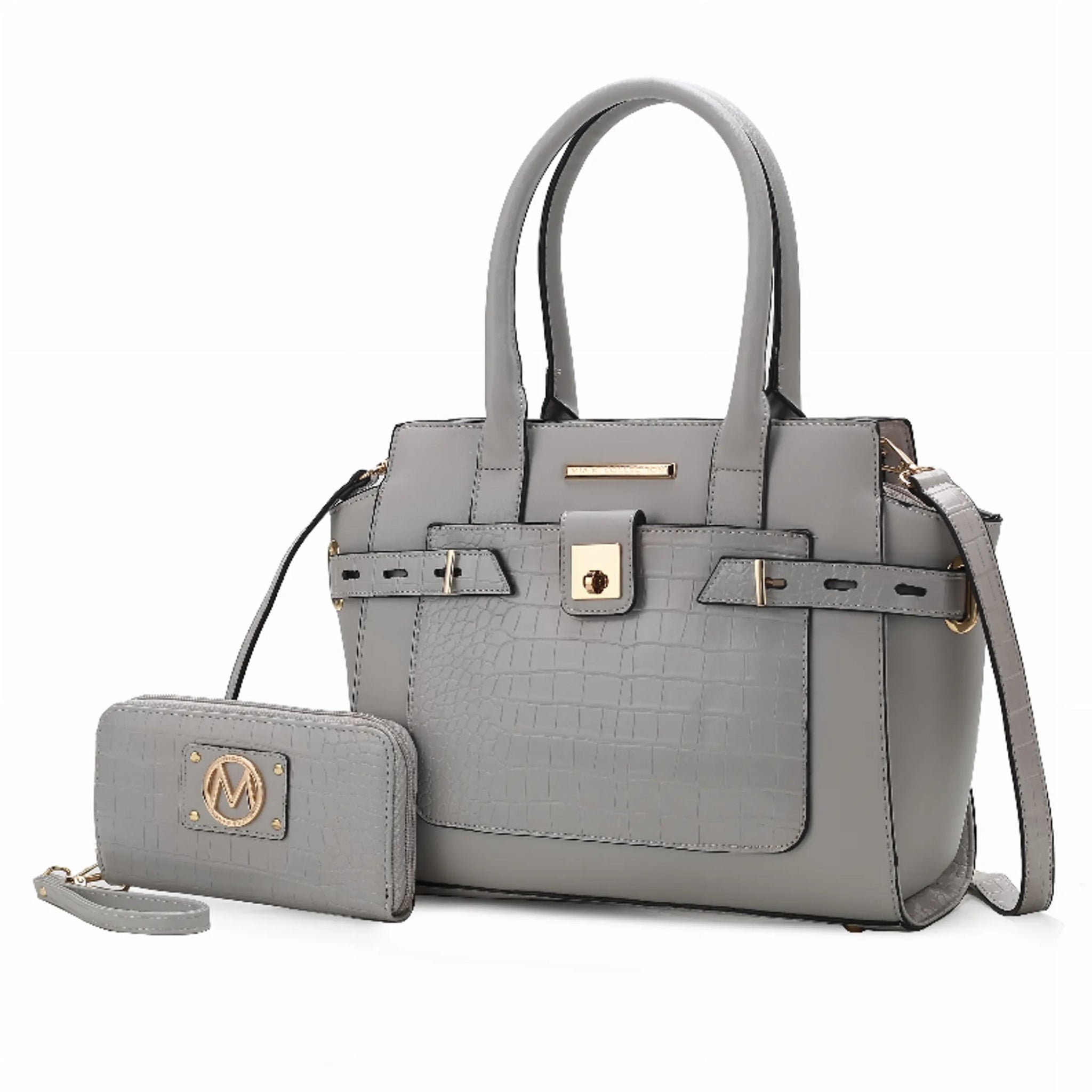 Isla Crocodile Embossed Vegan Leather Women's Satchel Bag- 2 pieces-AMAZON FACTORY