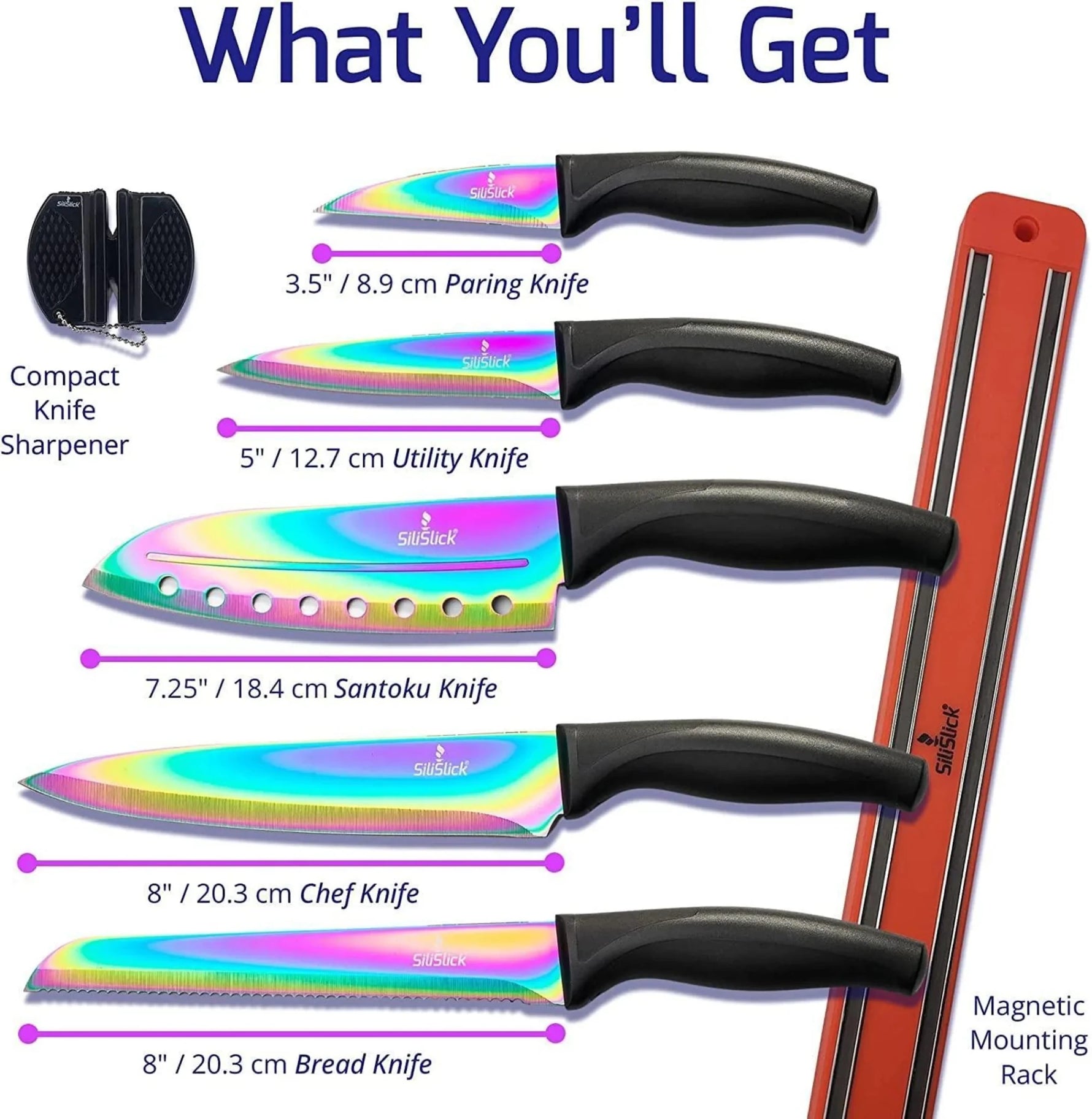 Kitchen Knife Set Kit 5 Professional Grade Iridescent Blade Knives Includes Knife Sharpener & Magnetic Wall Hanger Red Handle with Black Knife Rack-AMAZON FACTORY