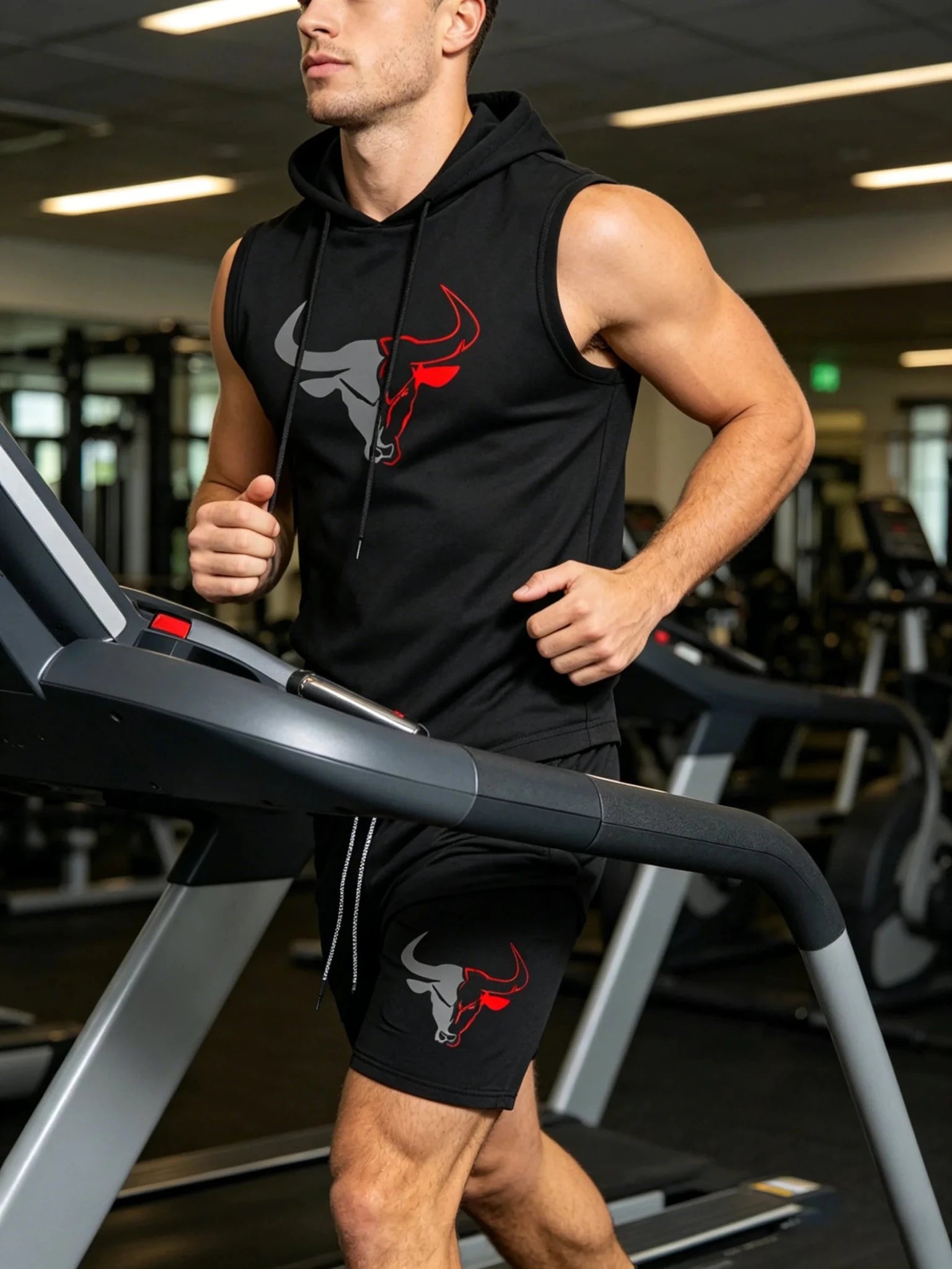 Men's 2 Piece Black Sleeveless Hooded Vest & Shorts Set, Bull Print Gym Tracksuit, Breathable Spring Summer Workout Fitness Wear - AMAZON FACTORY