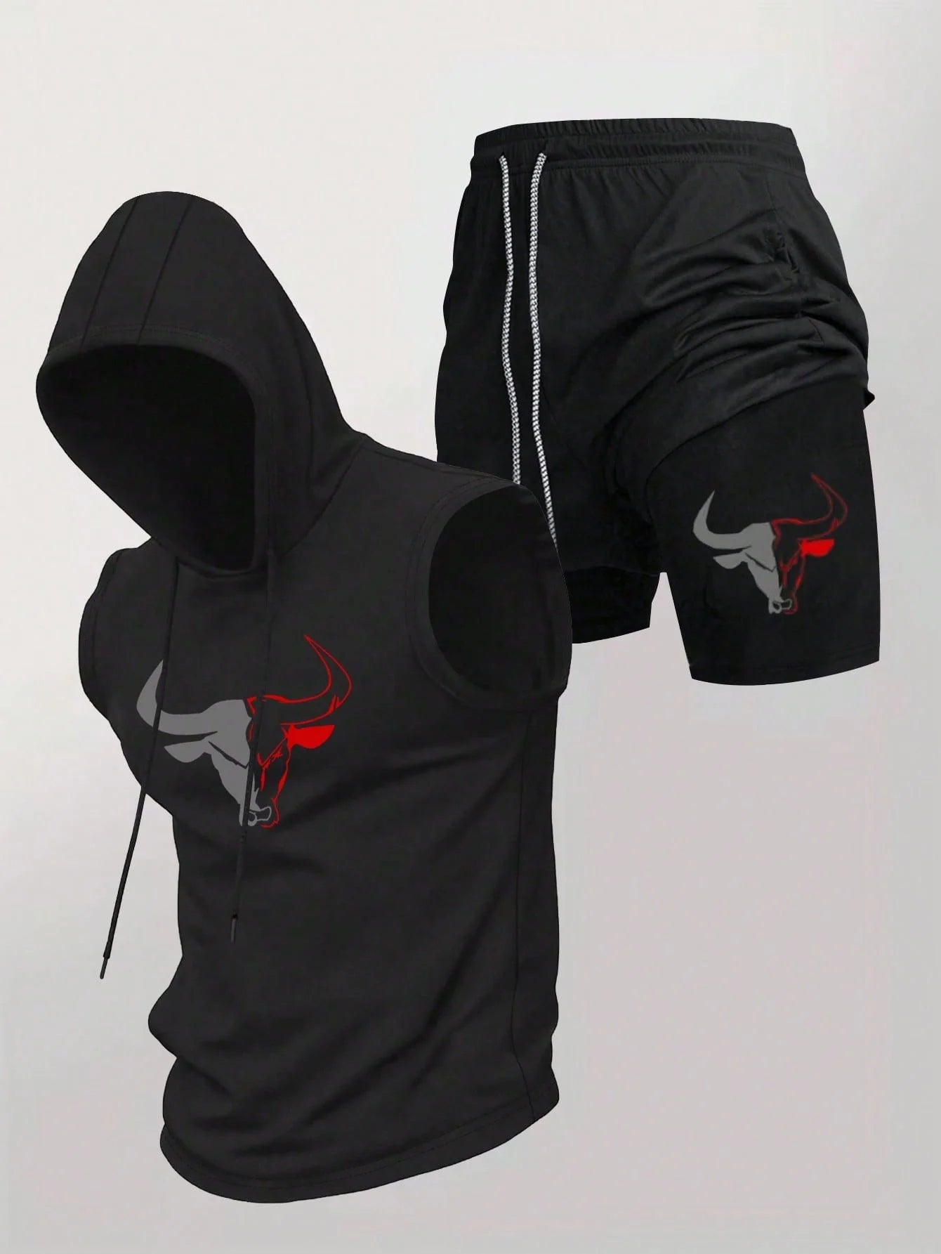 Men's 2 Piece Black Sleeveless Hooded Vest & Shorts Set, Bull Print Gym Tracksuit, Breathable Spring Summer Workout Fitness Wear - AMAZON FACTORY