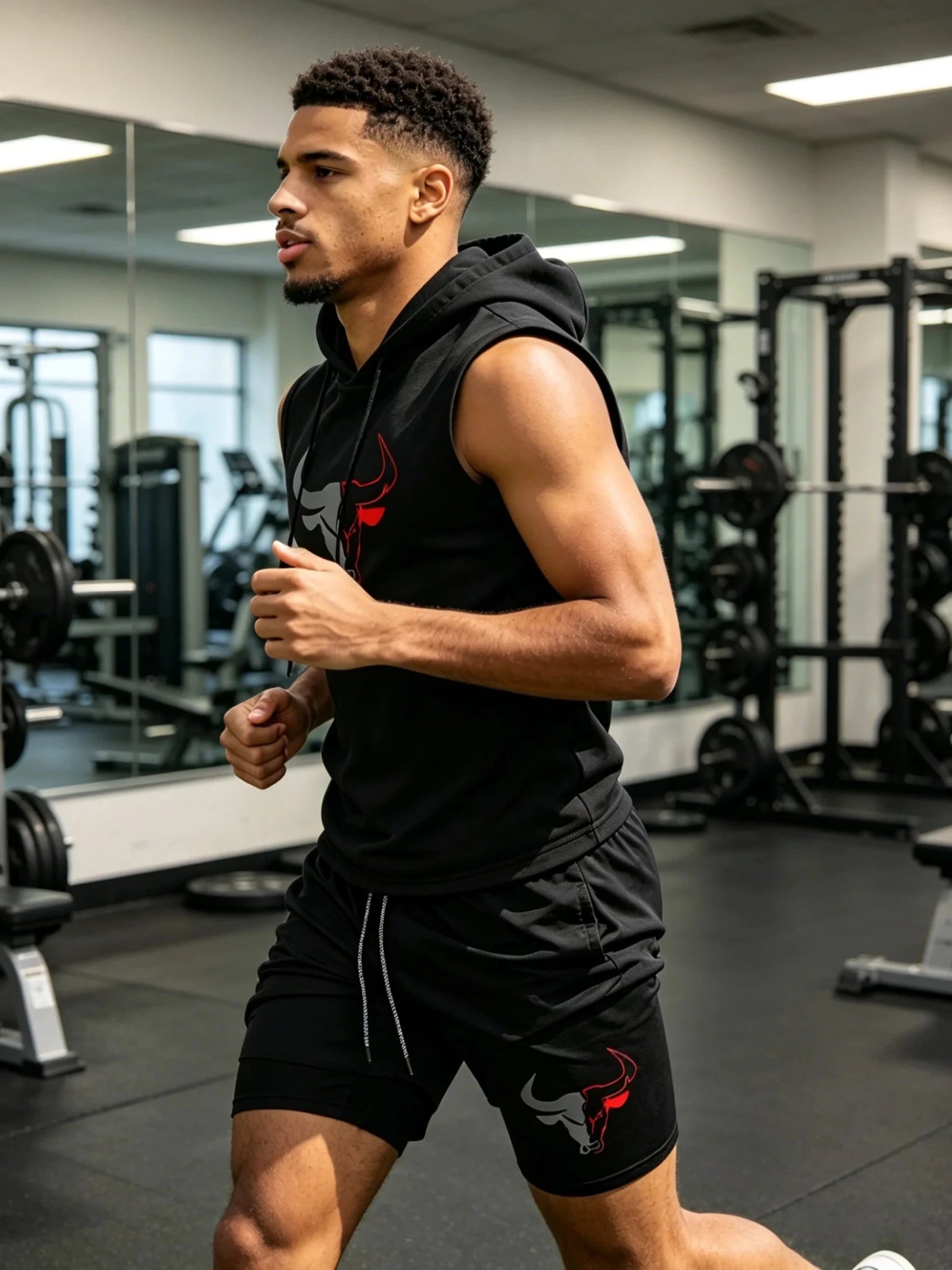 Men's 2 Piece Black Sleeveless Hooded Vest & Shorts Set, Bull Print Gym Tracksuit, Breathable Spring Summer Workout Fitness Wear - AMAZON FACTORY