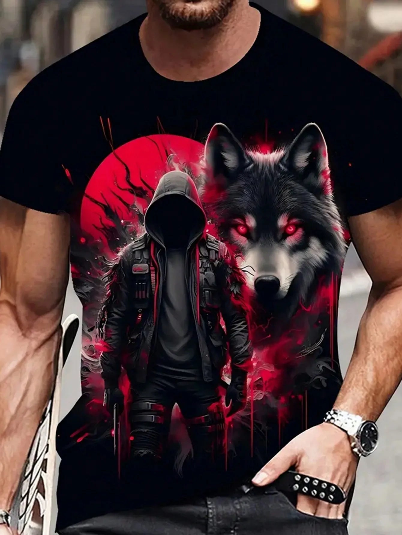 Men's Black Short Sleeve Graphic Tee with Red Wolf and Hooded Figure Design-AMAZON FACTORY