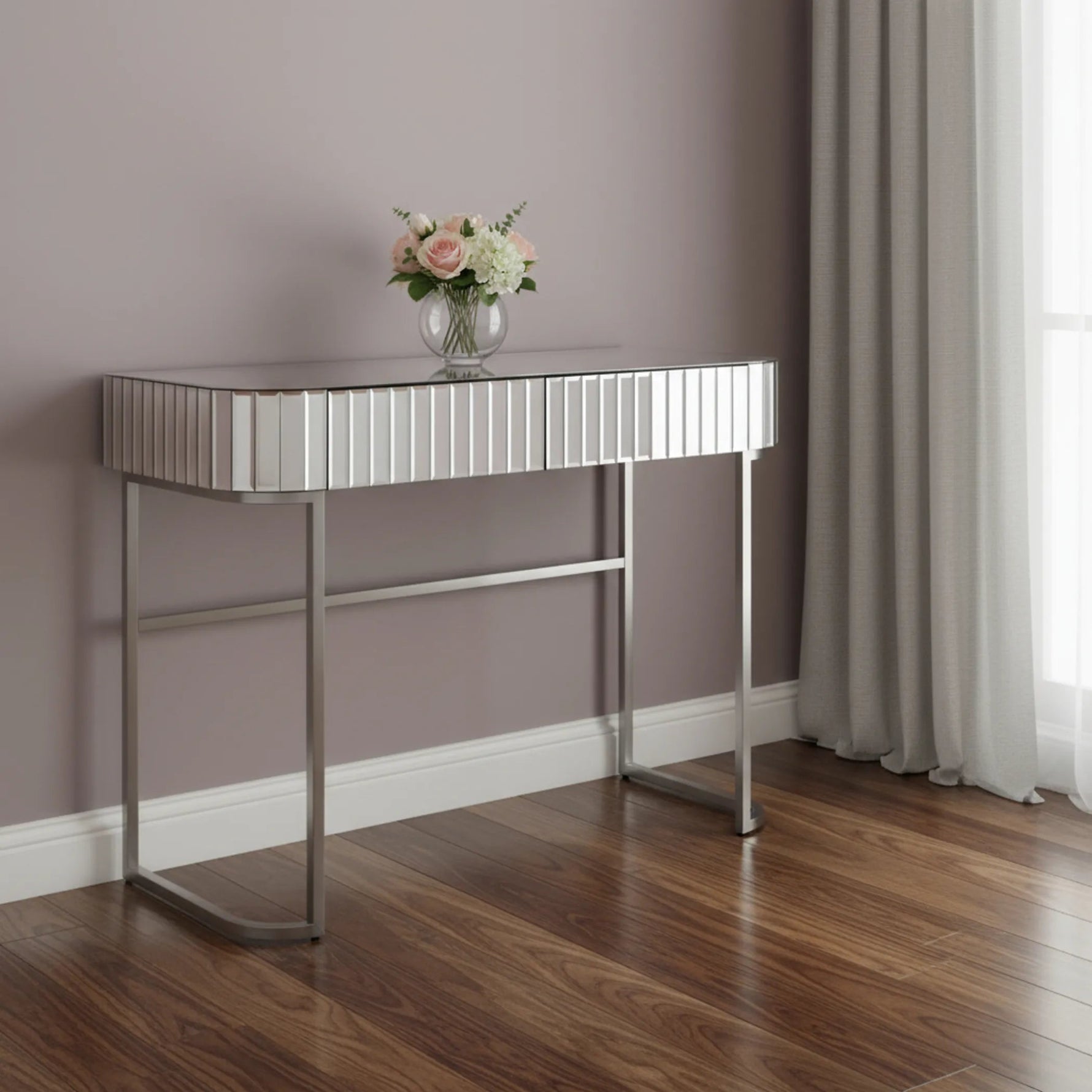 Mirrored Glass and Stainless Steel Two Drawer Vanity Table-AMAZON FACTORY