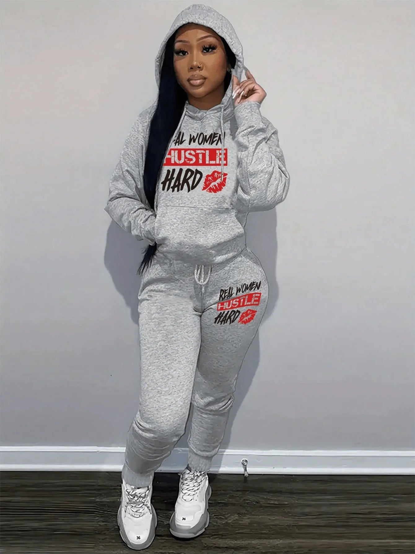 Real Women Hustle Hard Hoodie Sweatpants Set Gray Casual Sportswear-AMAZON FACTORY