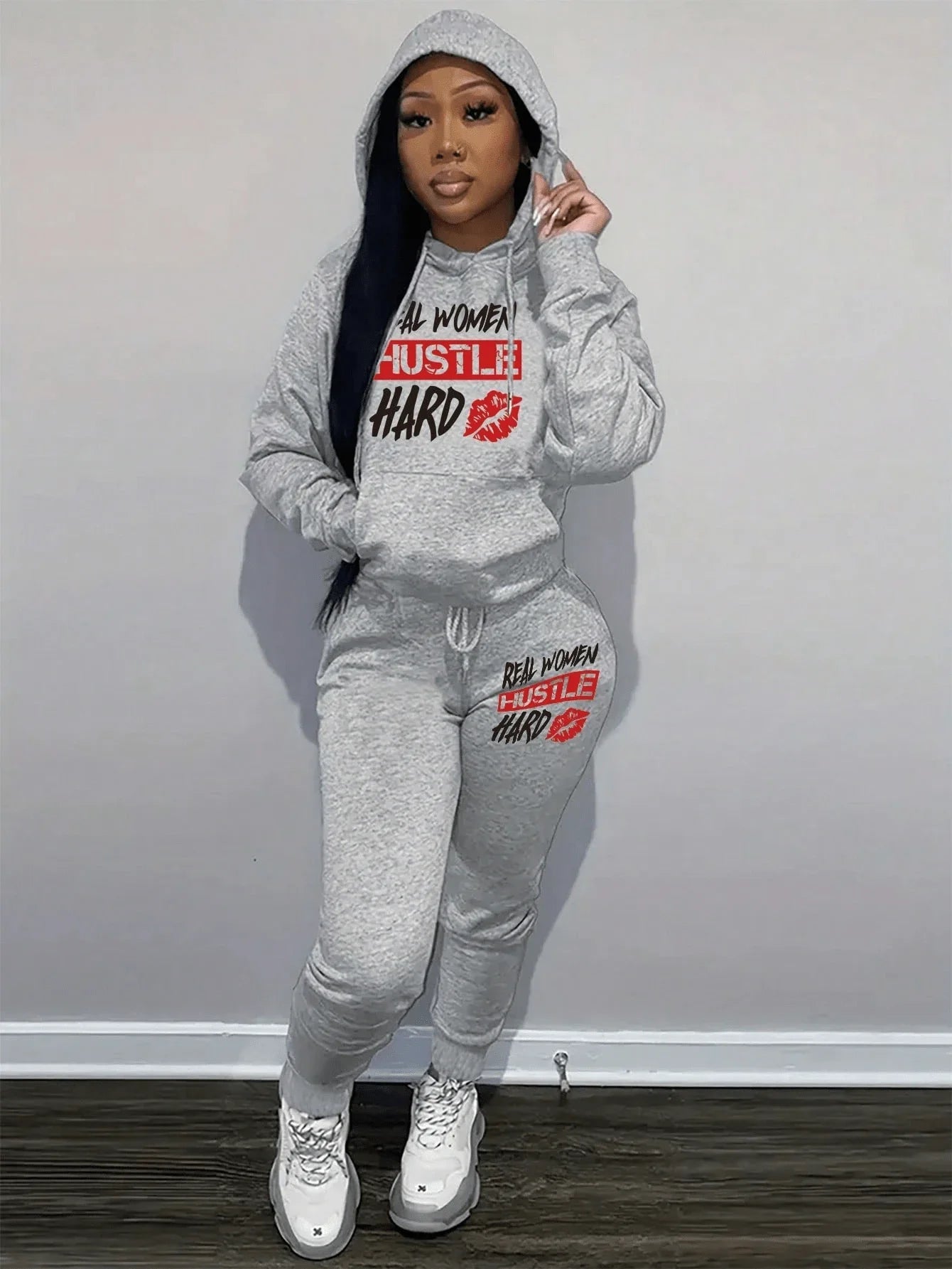 Real Women Hustle Hard Hoodie Sweatpants Set Gray Casual Sportswear-AMAZON FACTORY