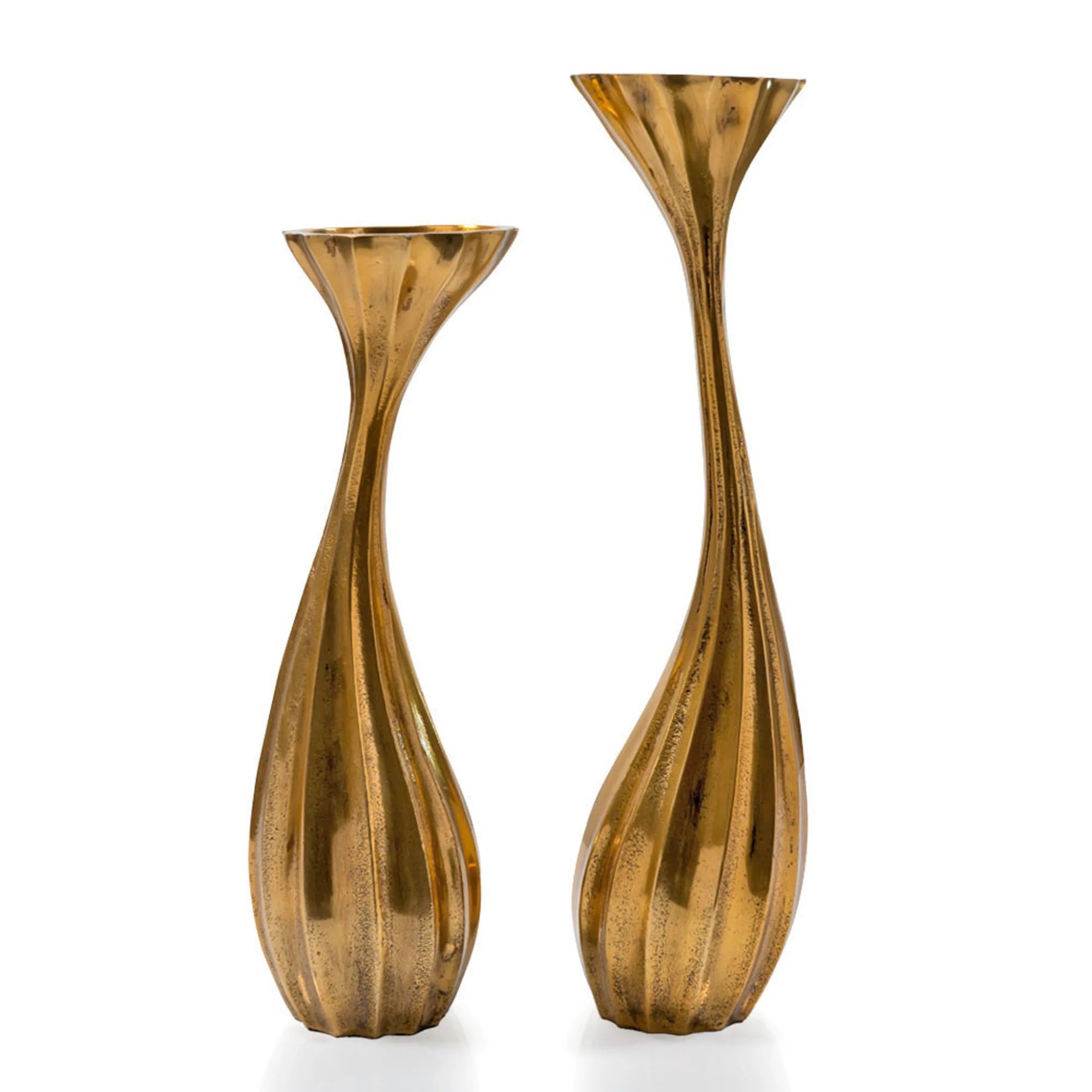 Set of Two Antiqued Gold Aluminum Wavy Faceted Tabletop Pillar Candle Holders-AMAZON FACTORY