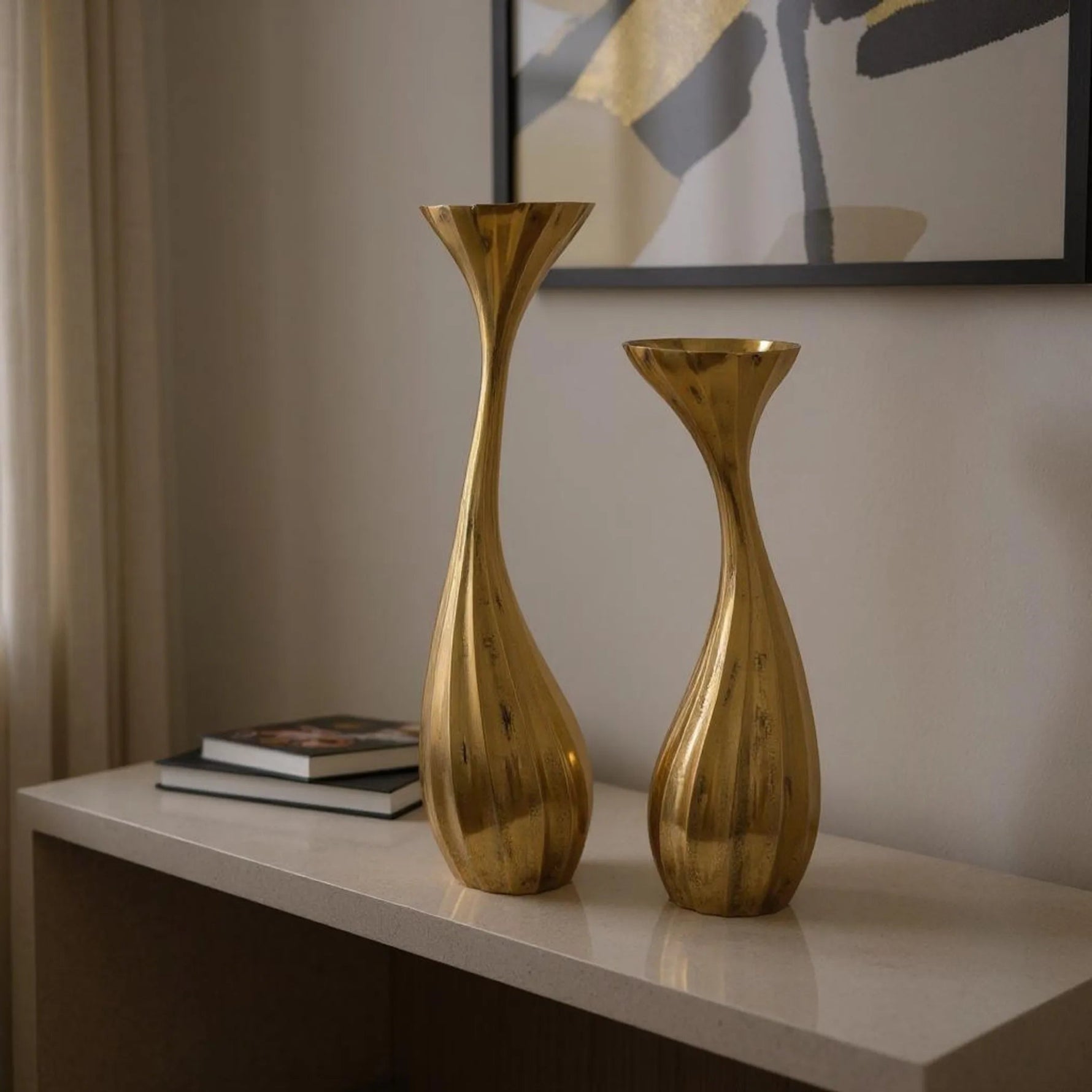 Set of Two Antiqued Gold Aluminum Wavy Faceted Tabletop Pillar Candle Holders-AMAZON FACTORY
