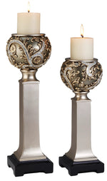 Set of Two Silver Polyresin Filigree Tabletop Pillar Candle Holders With Candle - AMAZON FACTORY
