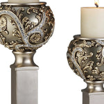 Set of Two Silver Polyresin Filigree Tabletop Pillar Candle Holders With Candle - AMAZON FACTORY