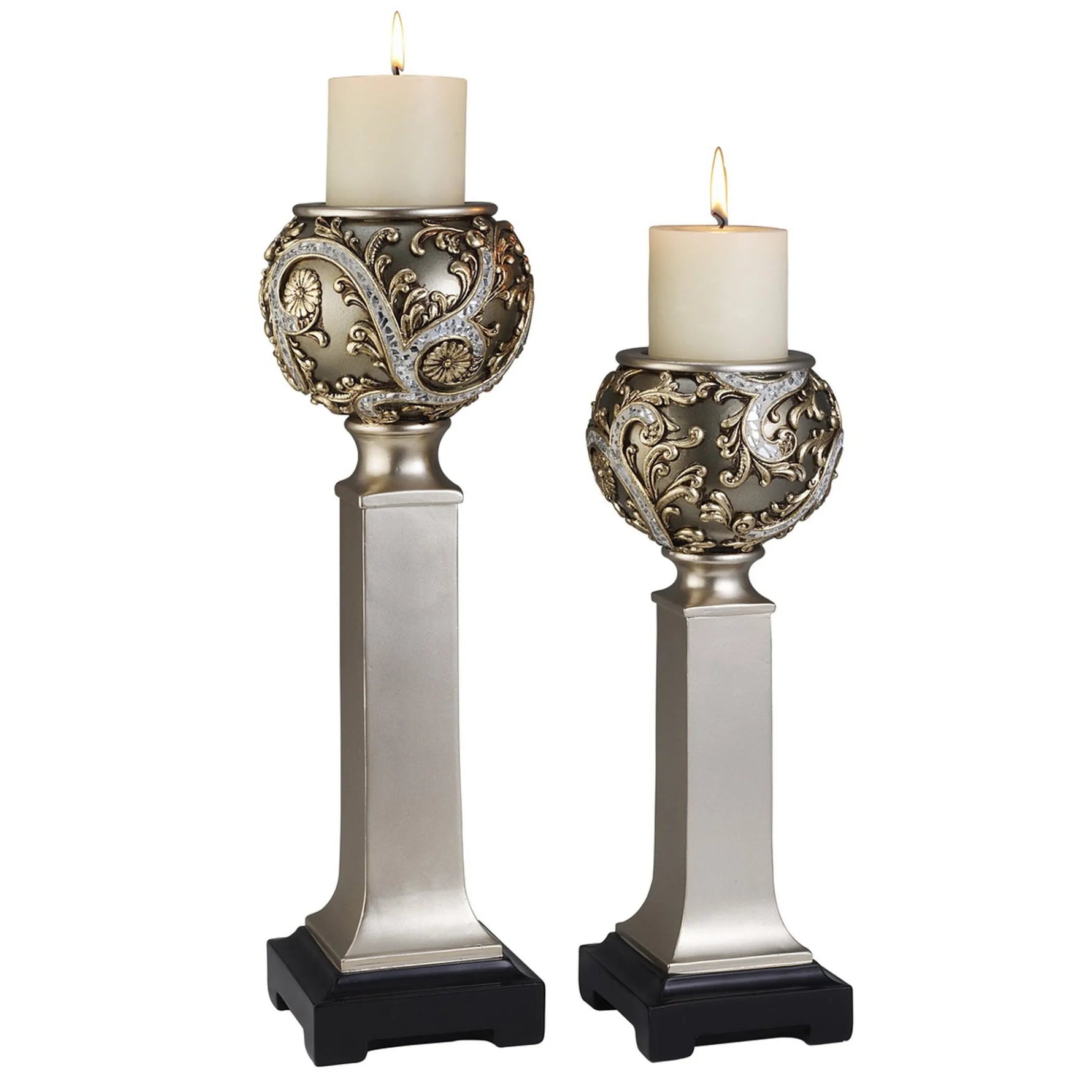 Set of Two Silver Polyresin Filigree Tabletop Pillar Candle Holders With Candle - AMAZON FACTORY