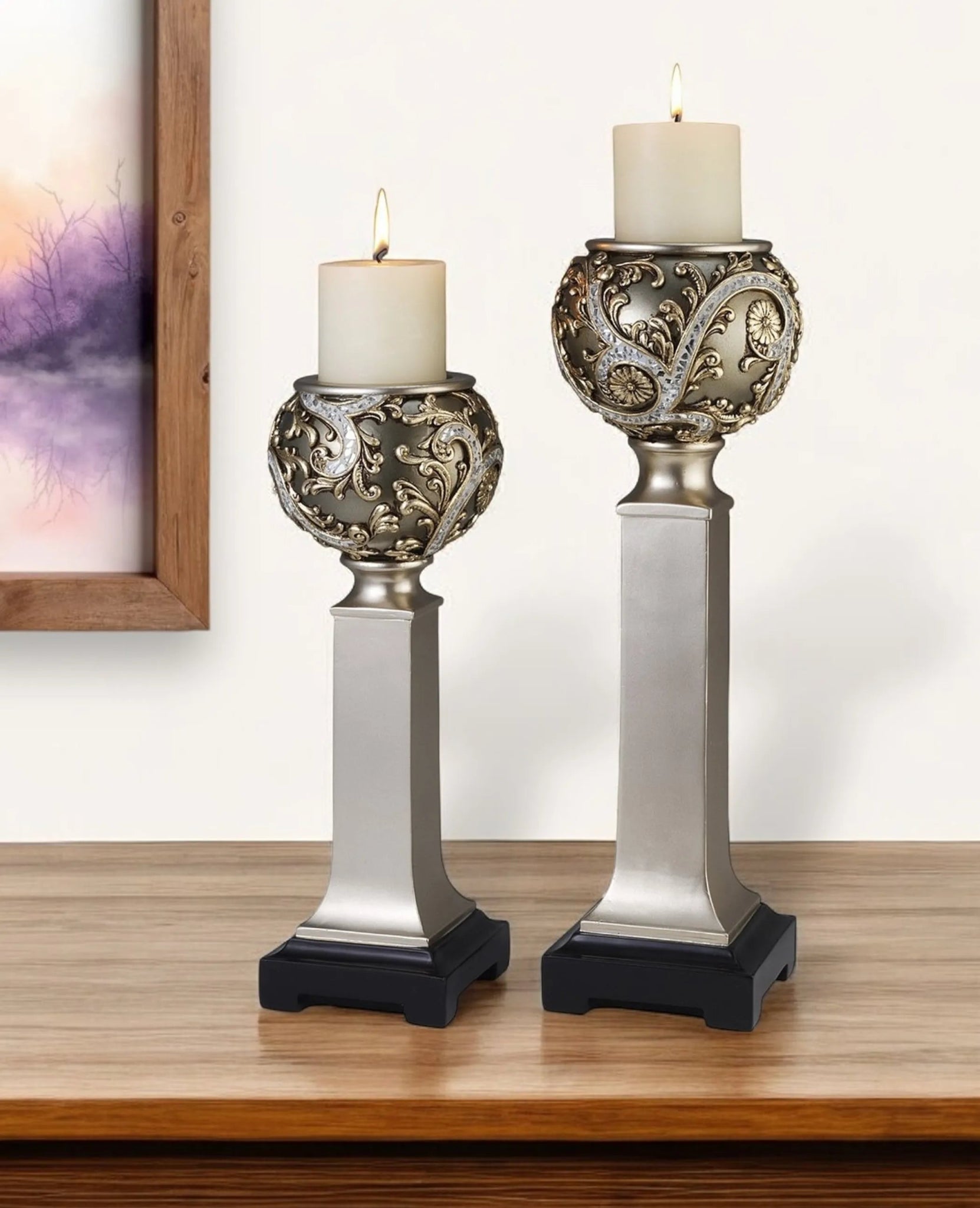 Set of Two Silver Polyresin Filigree Tabletop Pillar Candle Holders With Candle - AMAZON FACTORY