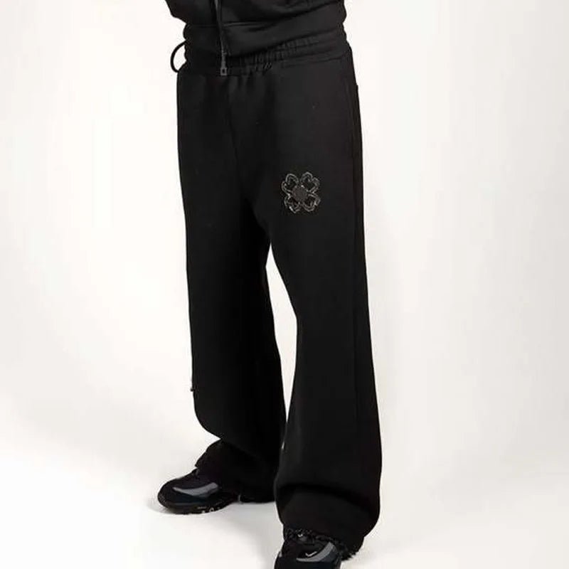 Spring Autumn Oversized 4 Leaf Clover Applique Zip Up Hoodie Tracksuit Set Men Y2K Streetwear Fleece Sweatpants 2 Piece Outfits-AMAZON FACTORY