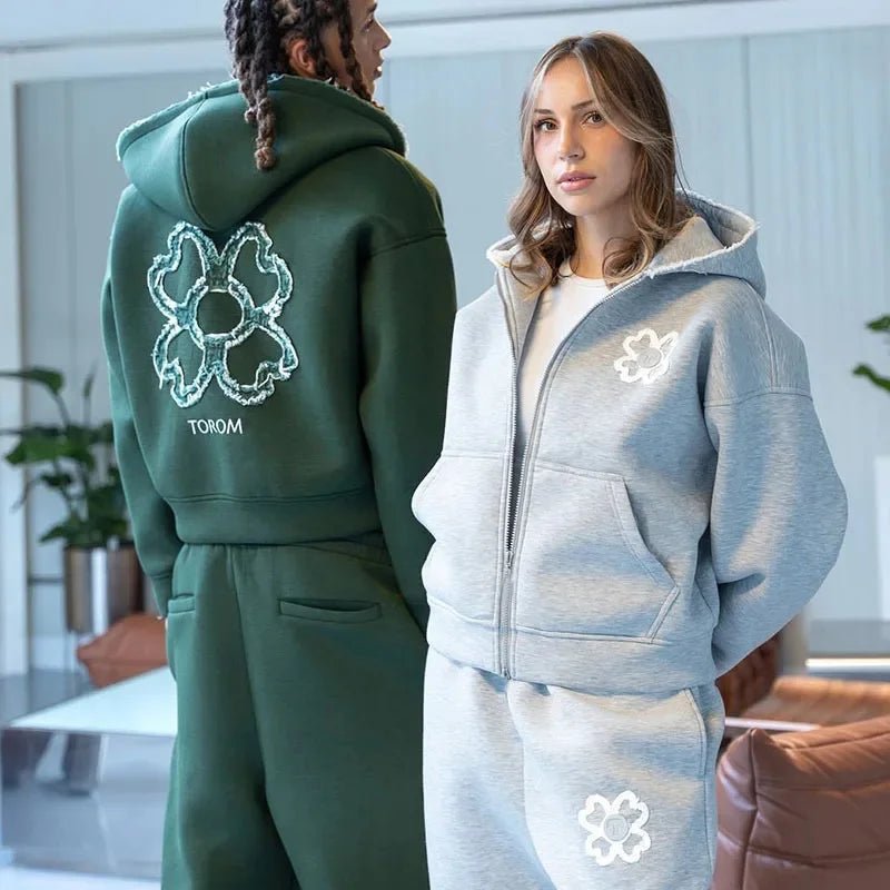Spring Autumn Oversized 4 Leaf Clover Applique Zip Up Hoodie Tracksuit Set Men Y2K Streetwear Fleece Sweatpants 2 Piece Outfits-AMAZON FACTORY