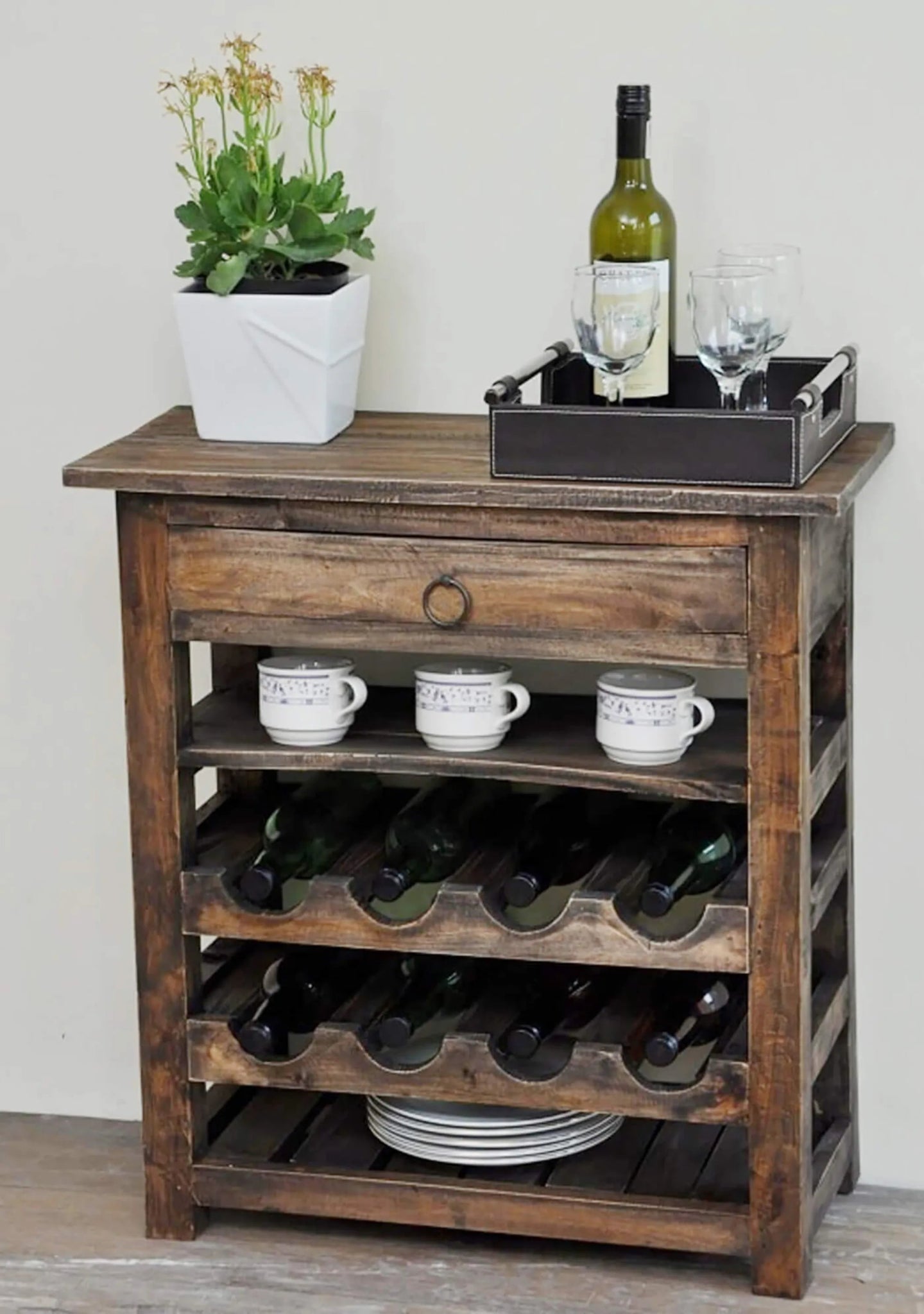 Sunset Trading Cottage Wine Server with Drawer | Raftwood Brown Solid Wood | Fully Assembled Sideboard-AMAZON FACTORY