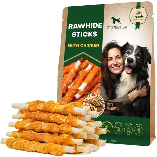 The Amazon Factory - RAWHIDES STICK WRAPPED Dog Rawhide Sticks Wrapped with Chicken & Pet Natural Chew Treats - AMAZON FACTORY