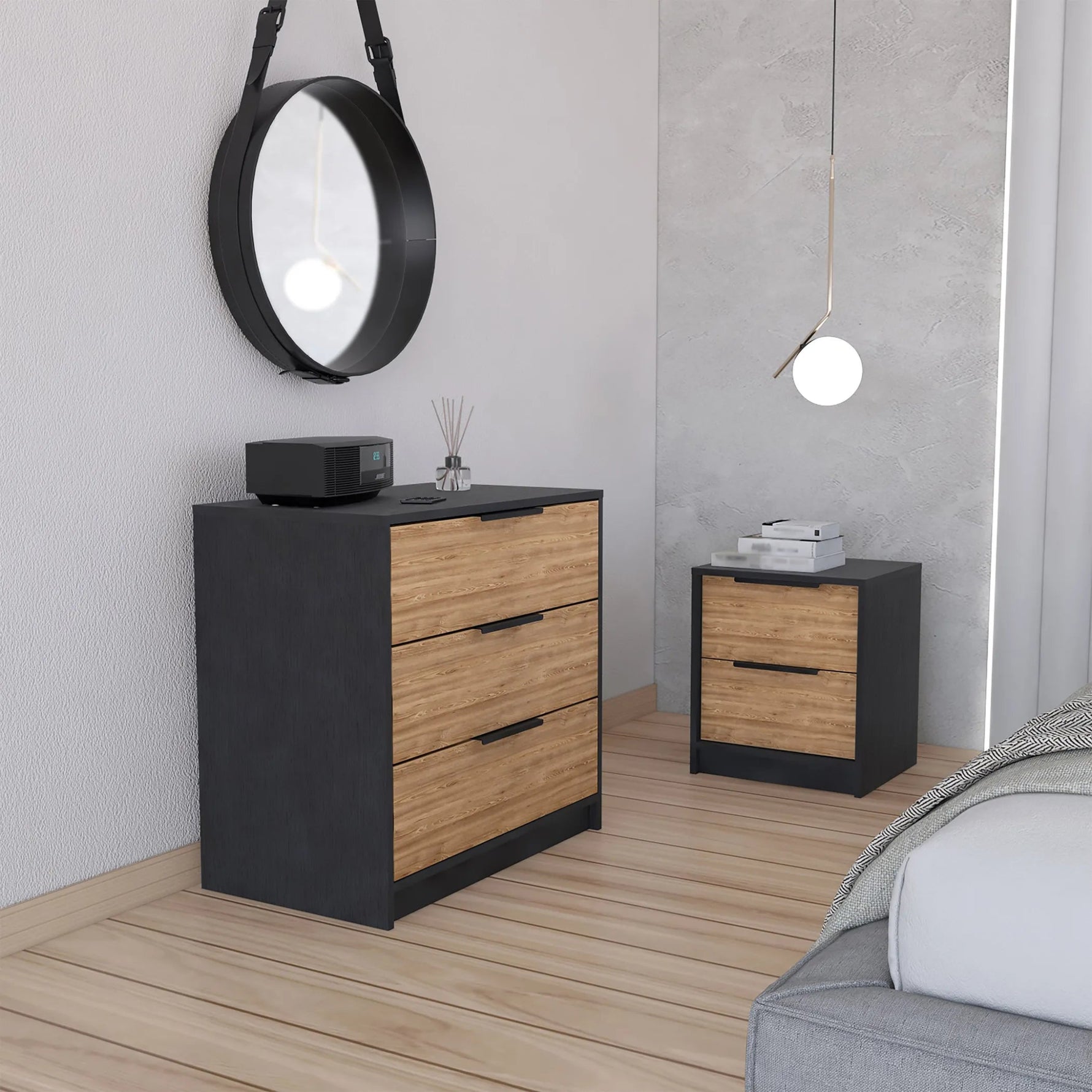 Zion 2 Piece Bedroom Set, Black Wengue/ Pine Finish-AMAZON FACTORY